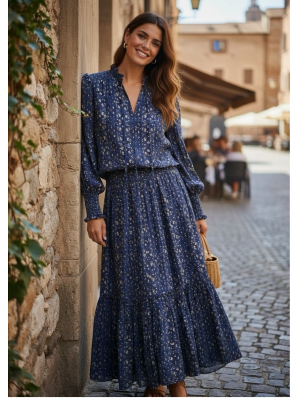 Marie Oliver Blue Floral Smocked Maxi Skirt and blouse Outfit 2 pc XS-2